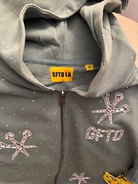Men's Olive Green Embellished Zip-Up Hoodie